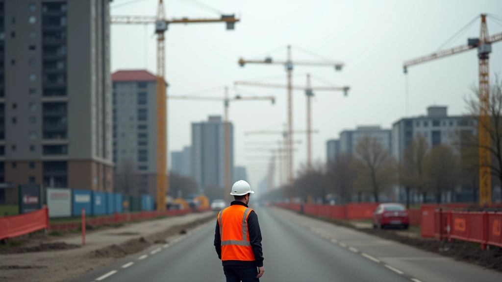 Baustelle mit Kränen und Wohngebäuden im Bau während eines Arbeitstages