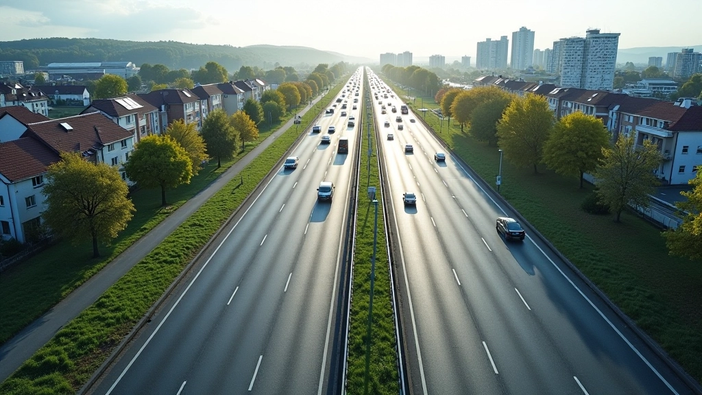 Verkehrte Luftaufnahme einer stark befahrenen Autobahn mit mehreren Spuren und vielen Fahrzeugen