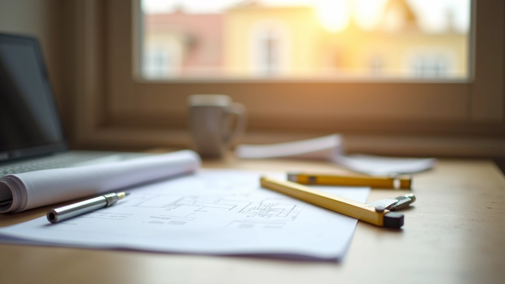 Bauplatz mit Vermessungsgeräten und Bauplänen auf einer Baustelle