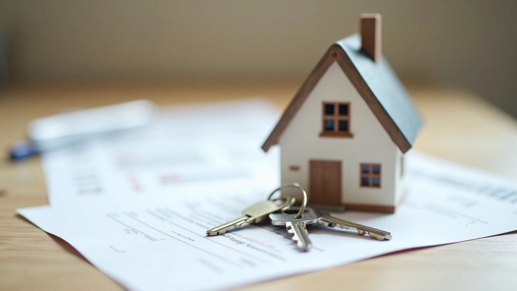 Wohnungsschlüssel auf einer Wohnungsanzeige oder Mietvertrag auf dem Tisch