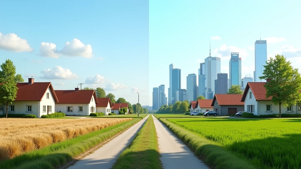 Dorflandschaft mit Häusern auf einer Seite und moderner Stadt auf der anderen Seite